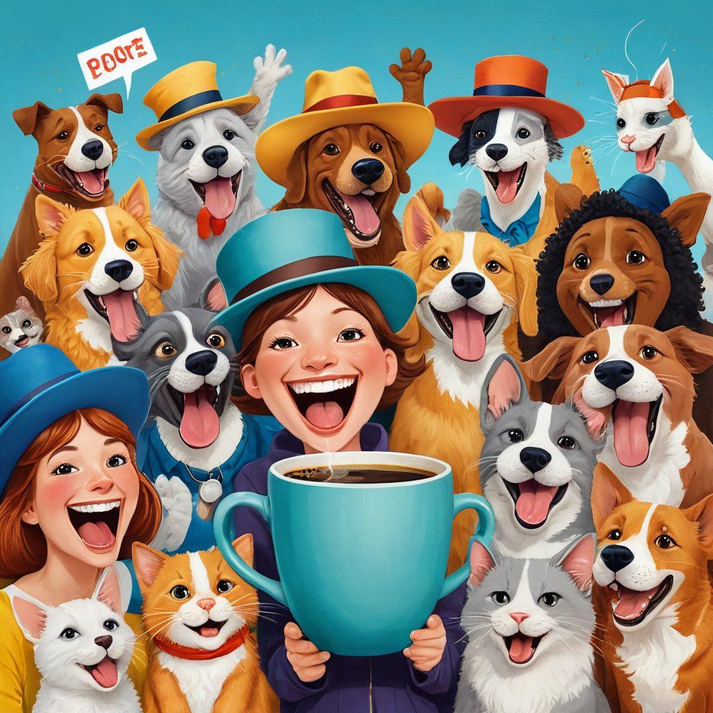 A whimsical scene depicting a diverse group of people engaging in humorous everyday activities, exaggerated facial expressions, and playful interactions. Bright, vibrant colors illuminate the background, with elements of satire represented through comical objects like oversized coffee cups, silly hats, and playful animals. Emphasize laughter and joy in their expressions, capturing the essence of finding humor in daily life. playful illustration. vibrant colors. cartoon style.