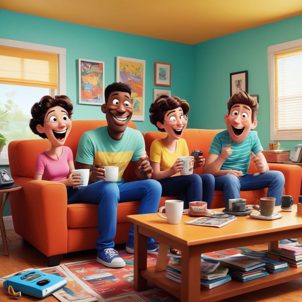 A whimsical cartoon scene depicting a group of diverse friends sharing hearty laughs while engaging in funny pop culture references, surrounded by exaggerated everyday objects like oversized coffee mugs and a giant remote control. Bright colors and playful expressions evoke joy and silliness, with elements like a television displaying a hilarious sitcom or a comic book flying around. The background is slightly abstract to enhance the focus on the characters. cartoon style. vibrant colors. playful composition.