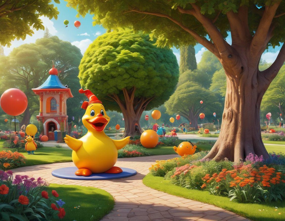 A whimsical cartoon scene depicting a group of quirky characters laughing in a vibrant park, surrounded by oversized, humorous objects like a giant rubber duck and a talking tree. The characters should include a jester, a clown, and a witty cat, all engaging in playful banter. Bright colors should enhance the joyful atmosphere, with exaggerated expressions and comedic elements throughout. vector art. vibrant colors. playful style.